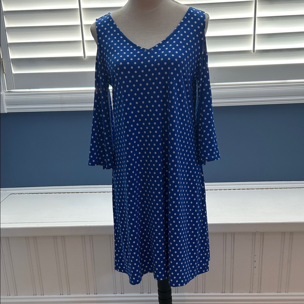 New Size M Elegant Ivy Road Blue Cold Shoulder  Polka Dot Dress